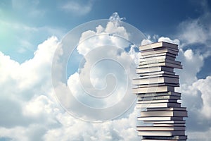 Abstract Book Stack Ladder to Sky with Clouds. Generative AI