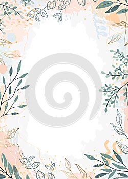 Abstract botanical background with tree branches and leaves in line art. Green and golden leaf, brush, line, splash of paint.