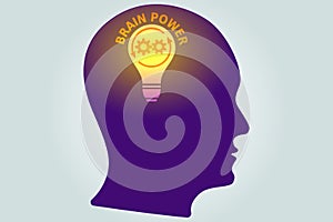 Abstract brain power vector illustration in flat cartoon style. Head shape and light bulb with gear. Innovation, brainstorming