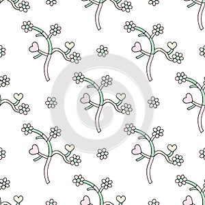 Abstract branches with hearts and flowers hand drawn vector seamless pattern. Spring background. Love texture for surface design,