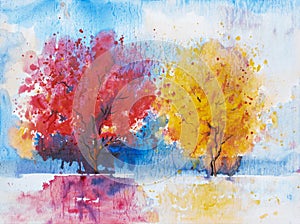 Abstract bright acrylic color paint red and yellow trees brush ink, splash stroke stain drop