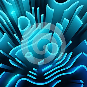 Abstract bright background with 3d elements. Blue Neon Wallpaper with perspective labyrinth. Technical style with wave