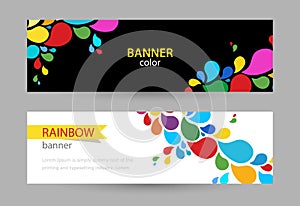 Abstract Bright banner with drops of rainbow paints on white and black background. Set horizontal banners with empty
