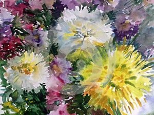 Abstract bright colored decorative background . Floral pattern handmade . Beautiful tender romantic bouquet of aster flowers