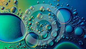 Abstract bright colorful background with drops of oil and water in blue and turquoise tones, macro. . Generate Ai.