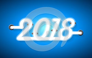 Abstract bright 2018. Design neon text on blue background.