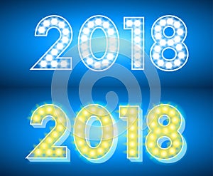 Abstract bright 2018. Design neon text on blue background.