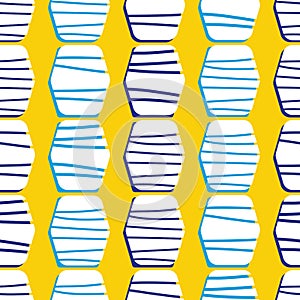 Abstract bright geometric seamless pattern on yellow background. Striped hexagons with blue accents.