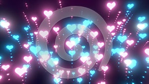 Abstract bright glowing festive blue and pink glamorous hearts for Valentine`s Day, abstract background. Video 4k, motion design