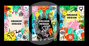 Abstract bright graffiti y2k punk posters set. With bricks, paint drips, words in graffiti style. Graphic urban design