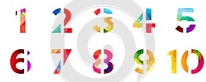 Abstract bright rainbow polygon number alphabet colorful font style. one two three four five six seven eight nine ten zero digits.