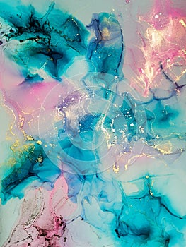 Abstract bright shiny color fluid background, hand drawn alcohol art painting with golden streaks, liquid ink technique texture