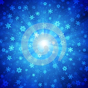 Abstract Bright Snowflakes Blast in Shining Blue Background