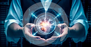 Abstract bright sphere of the world in hands, concept of the future - AI generated image