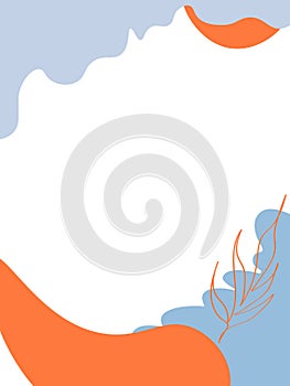 Abstract bright summer geometric background with wave pattern. Poster blank with leaves with orange and blue blotted