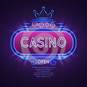 Abstract bright vegas casino banner with neon frame. Vector gambling background