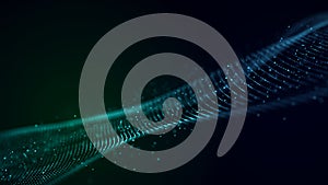 Abstract bright wave of glowing particles. The flow of musical sounds. Big data visualization. 3d rendering