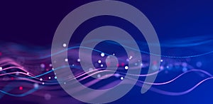 Abstract bright wave of glowing particles. The flow of musical sounds. Big data visualization. 3d rendering