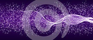 Abstract Bright Waves, Particles and Glitters in Dark Purple Banner Background