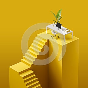 Abstract bright yellow staircase with office desk on landing