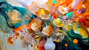 An abstract brightly coloured image inspired by a vase of flowers