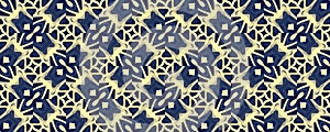 Abstract Brocade Pattern. Indigo Golden Seamless Wallpaper. Royal Blue Ethnic Rapport. Geometric Textile Texture. Fashion Tapestry