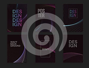 Abstract brochure cover design template set with wavy design on dark background, color wave vector illustration.