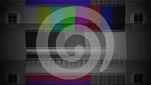 Abstract broken or no signal television, TV or computer test pattern screen with glitches and scanline background overlay