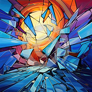 Abstract broken stained glass window effect with vibrant sunrise colors. AI generation