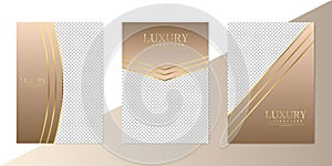 Abstract brown and beige luxury background with golden lines in paper cut style. Vector poster or banner template set EPS10