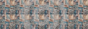 Abstract brown blue square mosaic tiles mirror, tile wall texture background banner panorama, with flowers and wood print