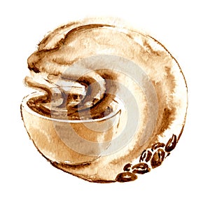 Abstract brown coffee planet with cup, vapour and beans around it for design. Coffee hand drawn on watercolor paper texture.