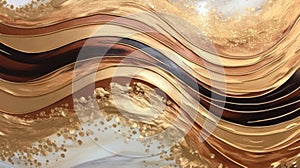 Abstract brown golden shiny glow wavy background. Gold glitter waves in earth tone colors textured design. Luxury
