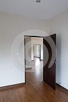 Abstract brown open three door in light.  empty house living vacancy property white wall background
