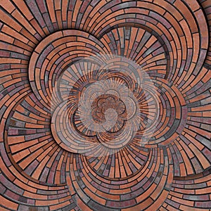 Abstract brown red flower shape spiral brick wall pattern background texture. Brown grunge brick wall round spiral pattern fractal