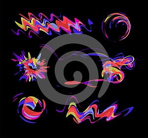 Abstract Brush Paint, Colorful Dynamic Design. Dynamic waves art, modern flow effect. Vector illustrations set on Black