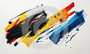 Abstract brush stroke art on a white background, dynamic strokes, yellow, red, blue and black colors