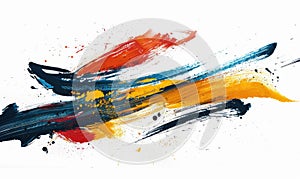 Abstract brush stroke art on a white background, dynamic strokes, yellow, red, blue and black colors