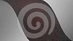 Abstract Brushed Silver Metal on Grey and Red Hexagonal Metal Mesh Background