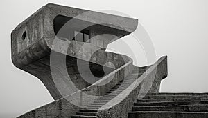 An abstract brutalist structure featuring a large, curved concrete form with a staircase leading to a squared observation platform
