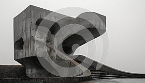 An abstract brutalist structure featuring a large, curved concrete form with a staircase leading to a squared observation platform