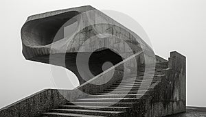 An abstract brutalist structure featuring a large, curved concrete form with a staircase leading to a squared observation platform