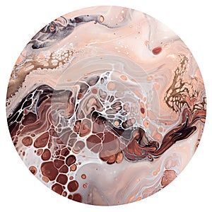 Abstract bubbles and waves in neutral colors. Acrylic Fluid Art. Art Deco marbling round isolated texture