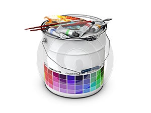 Abstract Bucket with Colored Palette Guide and Drawing set, 3d Illustration photo
