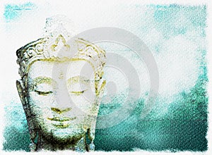 Abstract Buddha head image paint watercolour on canvas paper texture