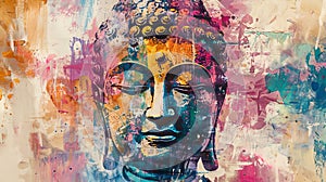 Abstract Buddha portrait with vibrant splashes of color. Colorful Buddha art in a splatter paint style. Concept of