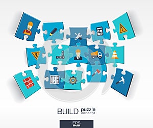 Abstract build background with connected color puzzles, integrated flat icons. 3d infographic concept with industry, Construction