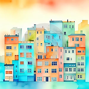 Abstract buildings in city on watercolor painting. City scape watercolor painting in bright colors