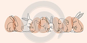 Abstract bunnies set on eggs background. Easter bunny rabbit continuous one line drawing