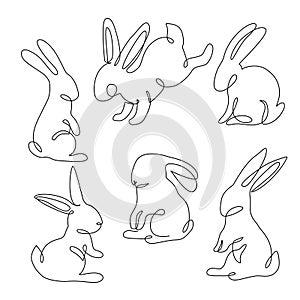 Abstract bunnies set isolated on white background. Bunny rabbit continuous one line drawing